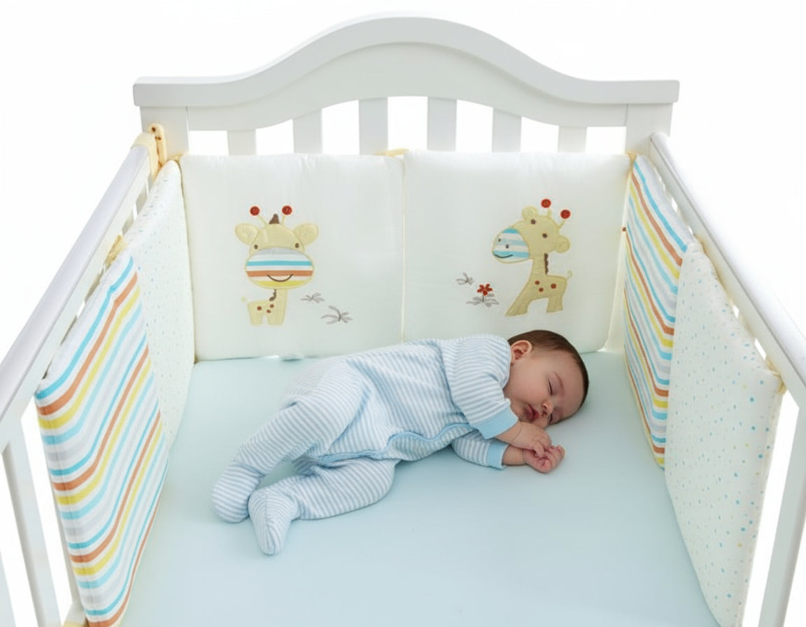 Children's crib with colorful bedding and cartoon characters on a white background