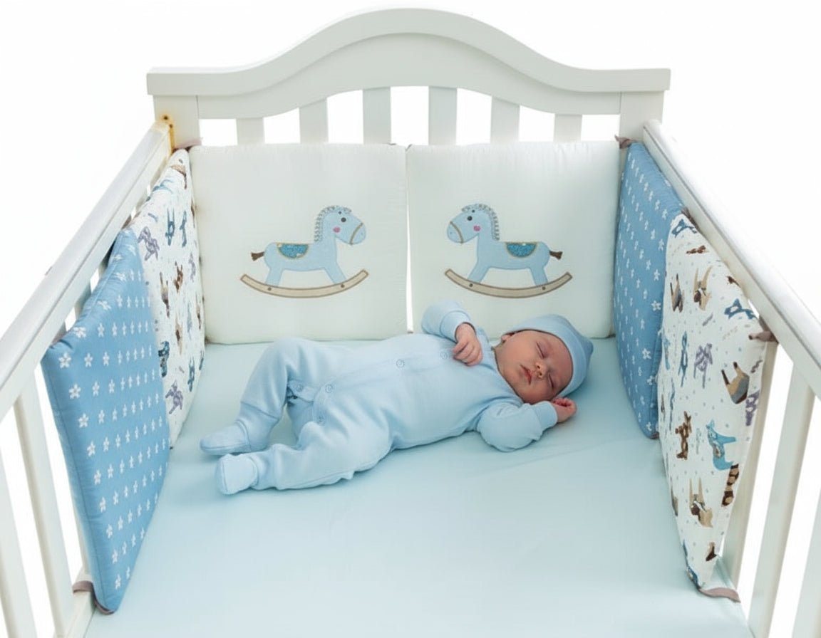 Crib with blue and white crib bumper featuring rocking horses and animals.