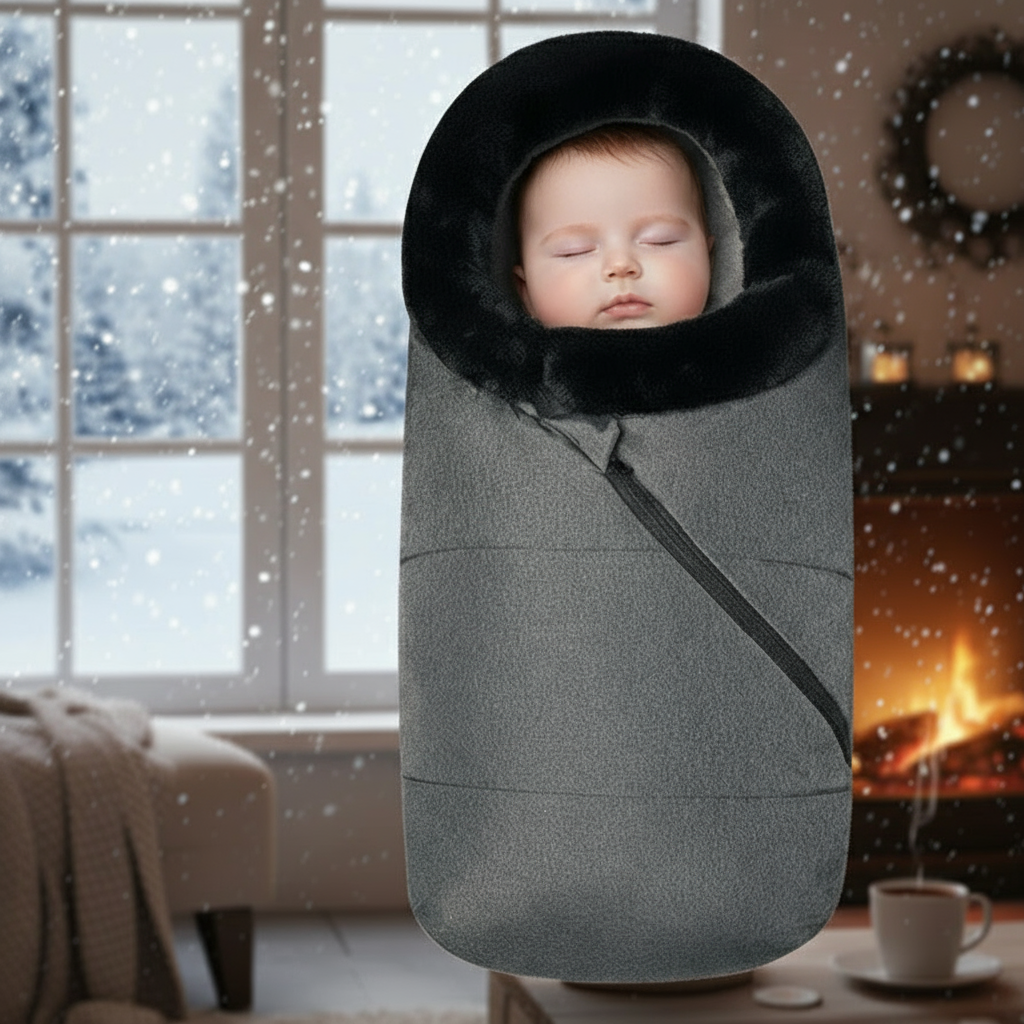 Baby sleeping in a gray swaddle with a black hood in a cozy room with a snowy window view.