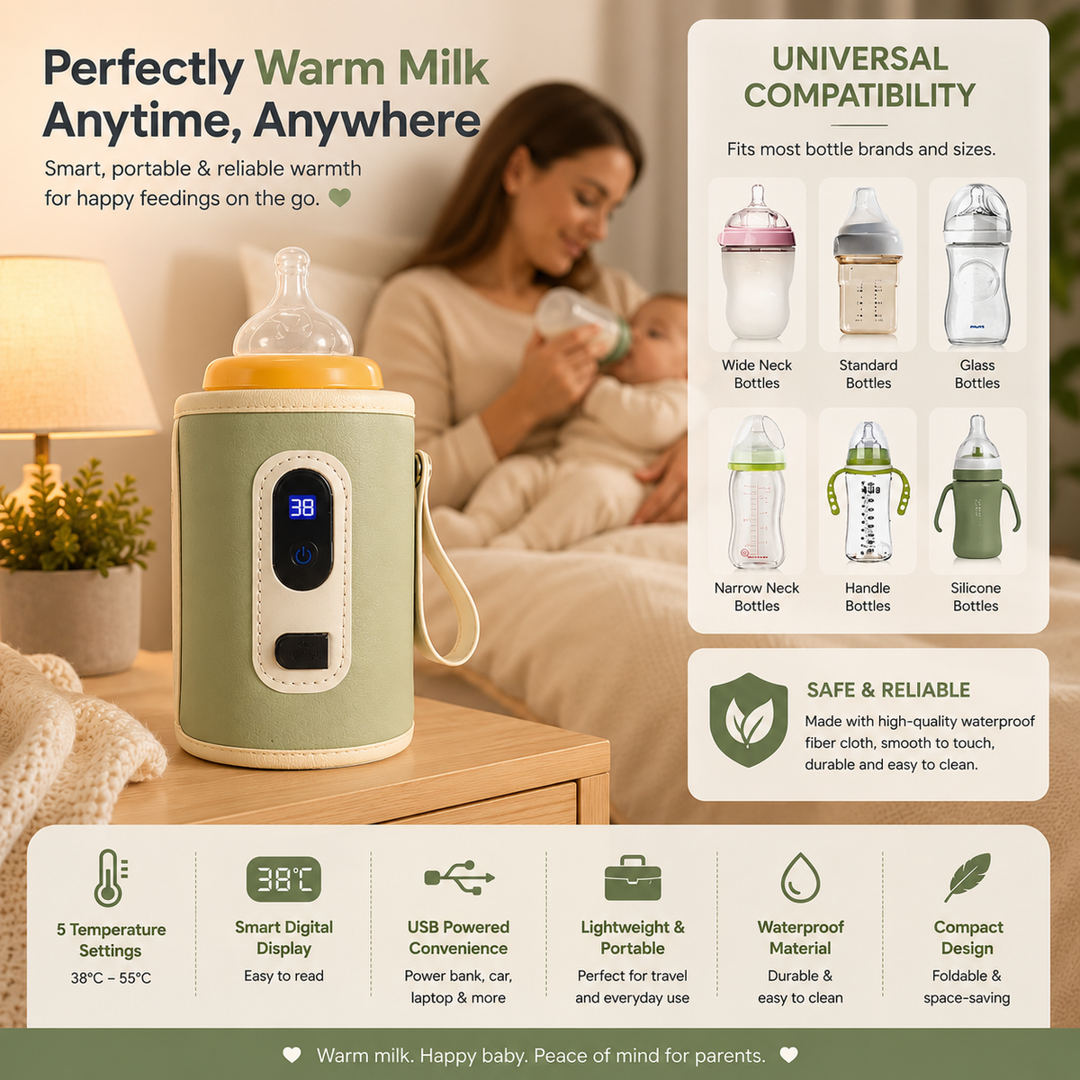 Portable milk warmer with digital display and compatibility features for bottles.