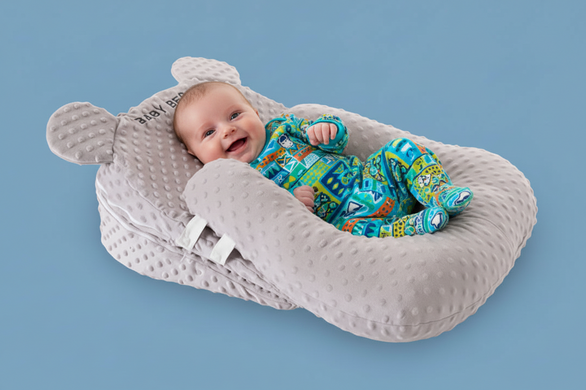 Baby in a gray elephant-shaped nest on a blue background