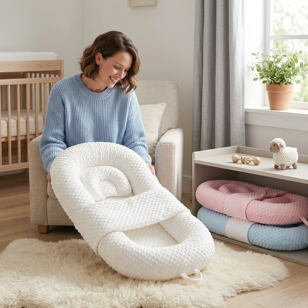 Woman holding a white baby nest in a nursery setting
