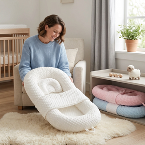 Woman holding a white baby nest in a nursery setting