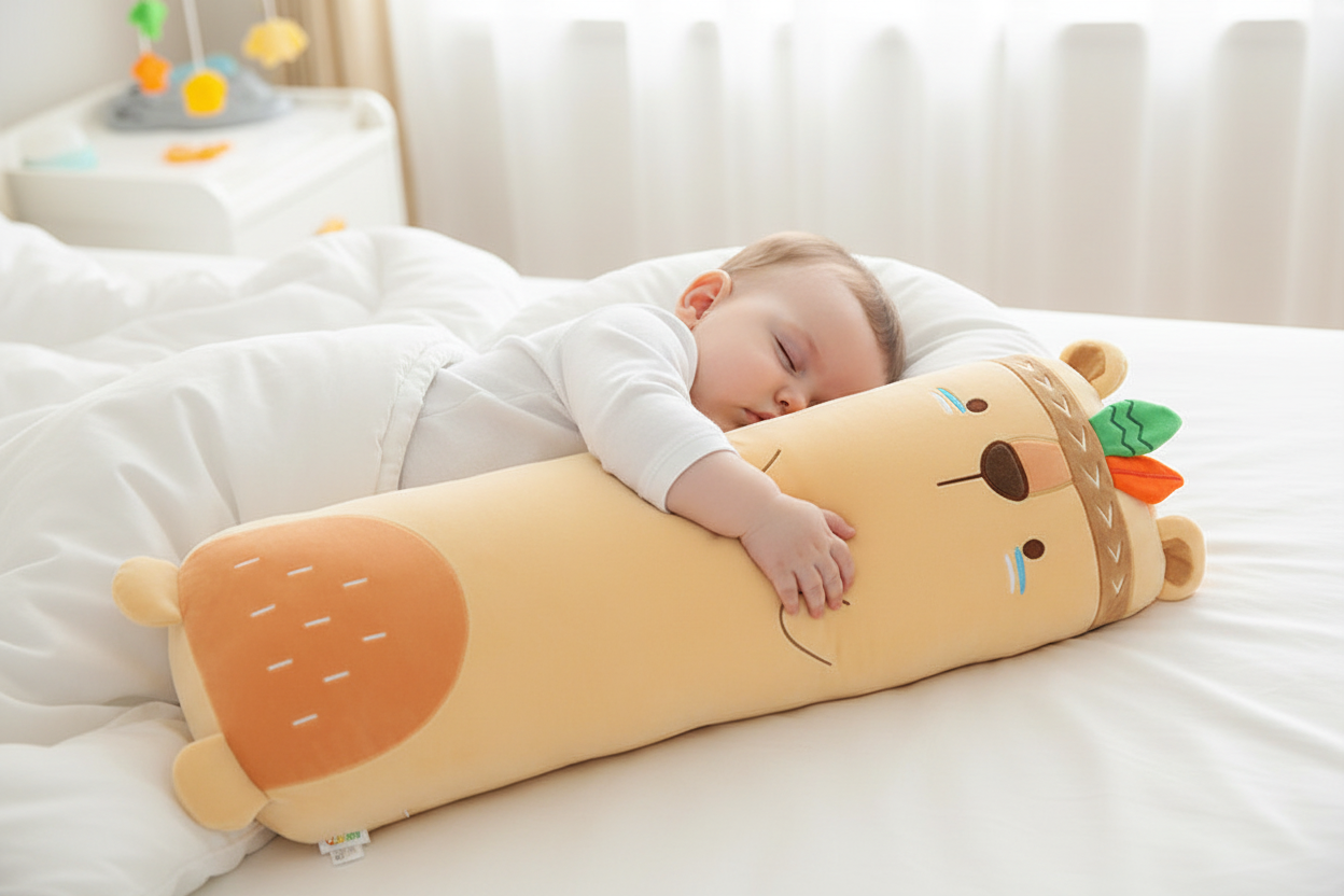 Child sleeping on a plush toy shaped like a cartoon character in a bedroom setting.