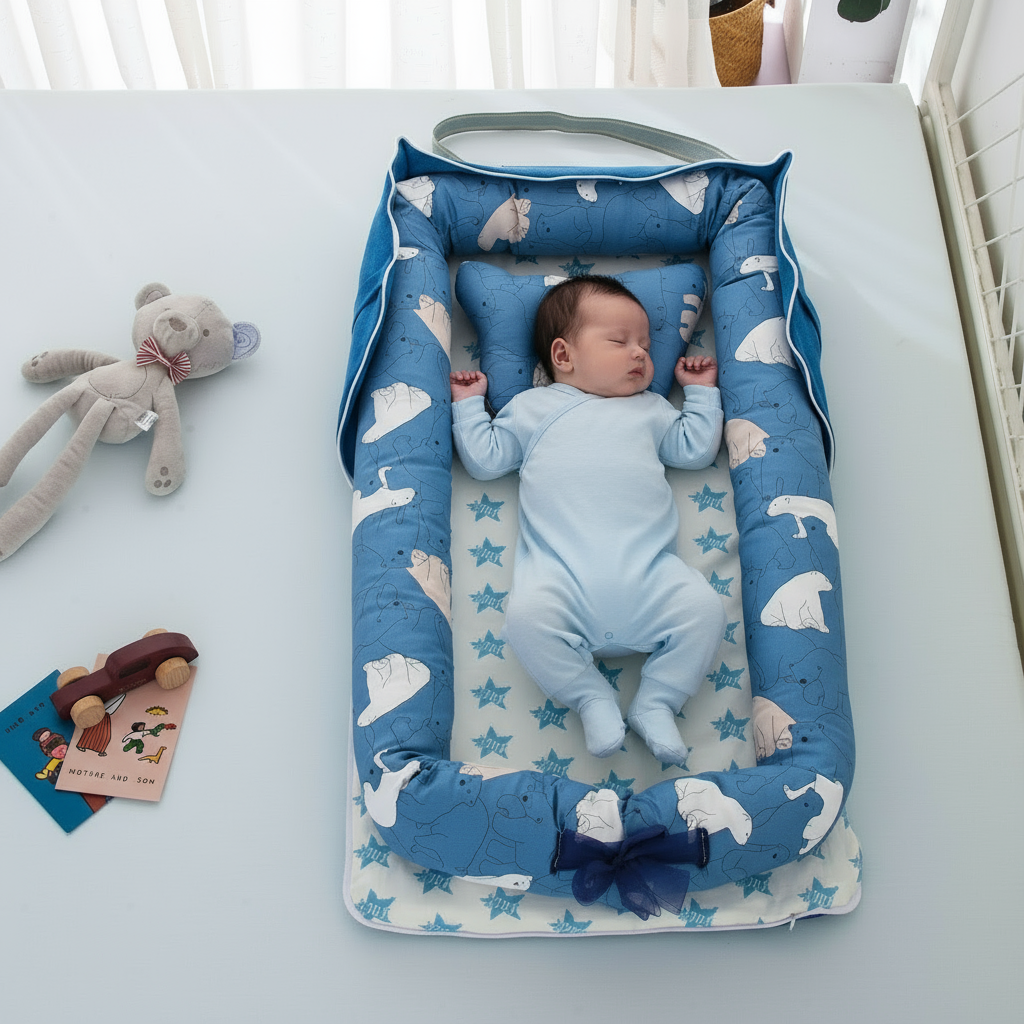 A baby travel sleep bed in pink color, with a woman holding a baby and sitting beside the bed, which appears to be made of cotton fabric. The bed is foldable and has a carry handle, indicating portability.