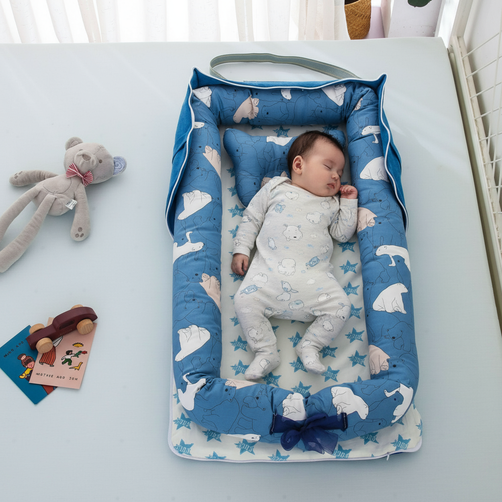A baby travel sleep bed in pink color, with a woman holding a baby and sitting beside the bed, which appears to be made of cotton fabric. The bed is foldable and has a carry handle, indicating portability.