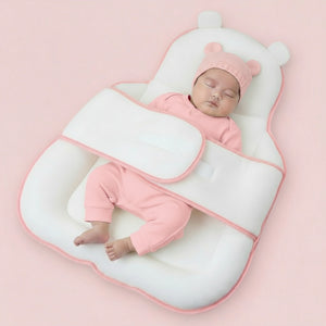 White baby pillow with pink accents on a white background