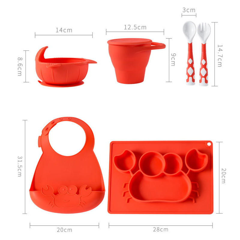 Set of red silicone baby utensils with measurements on a white background
