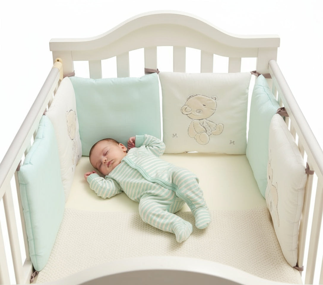 White crib with light blue and white bedding featuring a teddy bear design.