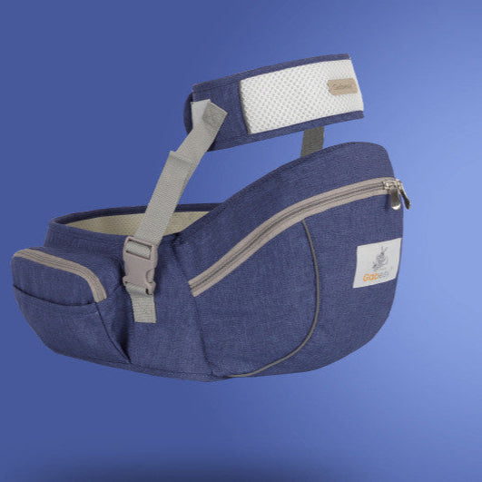 Blue baby carrier with gray straps on a blue background