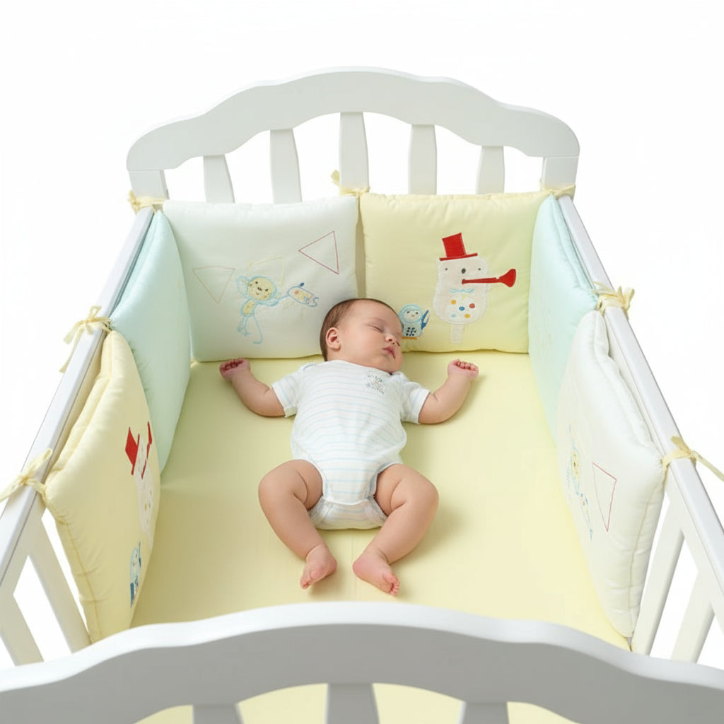 Baby crib with colorful bedding featuring cartoon characters on a white background