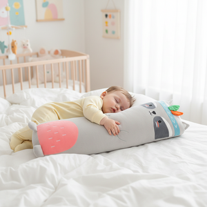 Child sleeping on a cartoon-shaped pillow in a bedroom