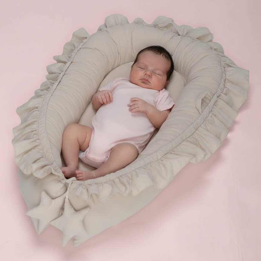 Newborn baby in a pink outfit lying in a beige textured basket on a white background