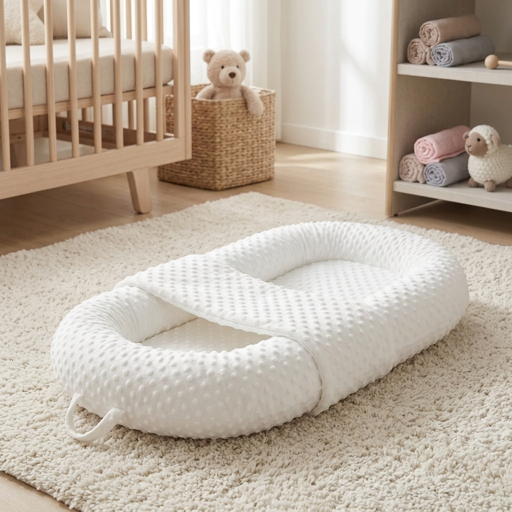 White baby nest on a carpeted floor in a nursery with toys and a crib in the background.