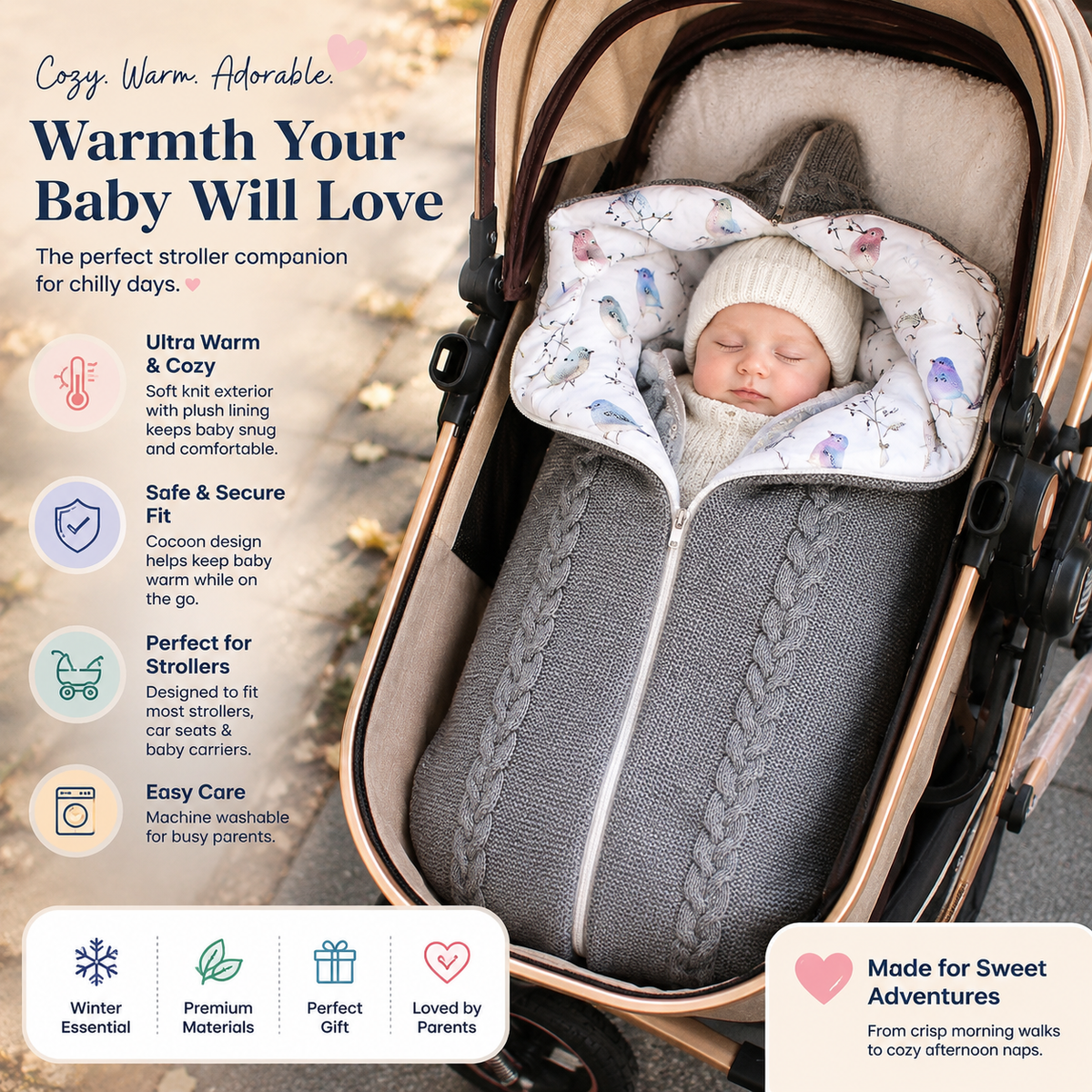 Baby sleeping in a stroller with a warm baby blanket, surrounded by product features and benefits.