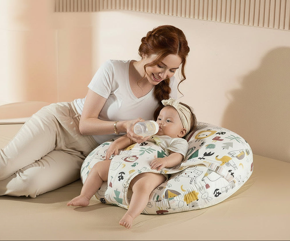 Woman sitting on a bed with a baby using a baby support pillow