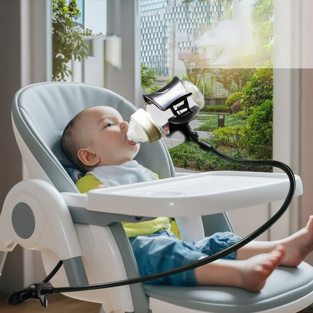 Baby in a highchair with a hands free baby bottle holder