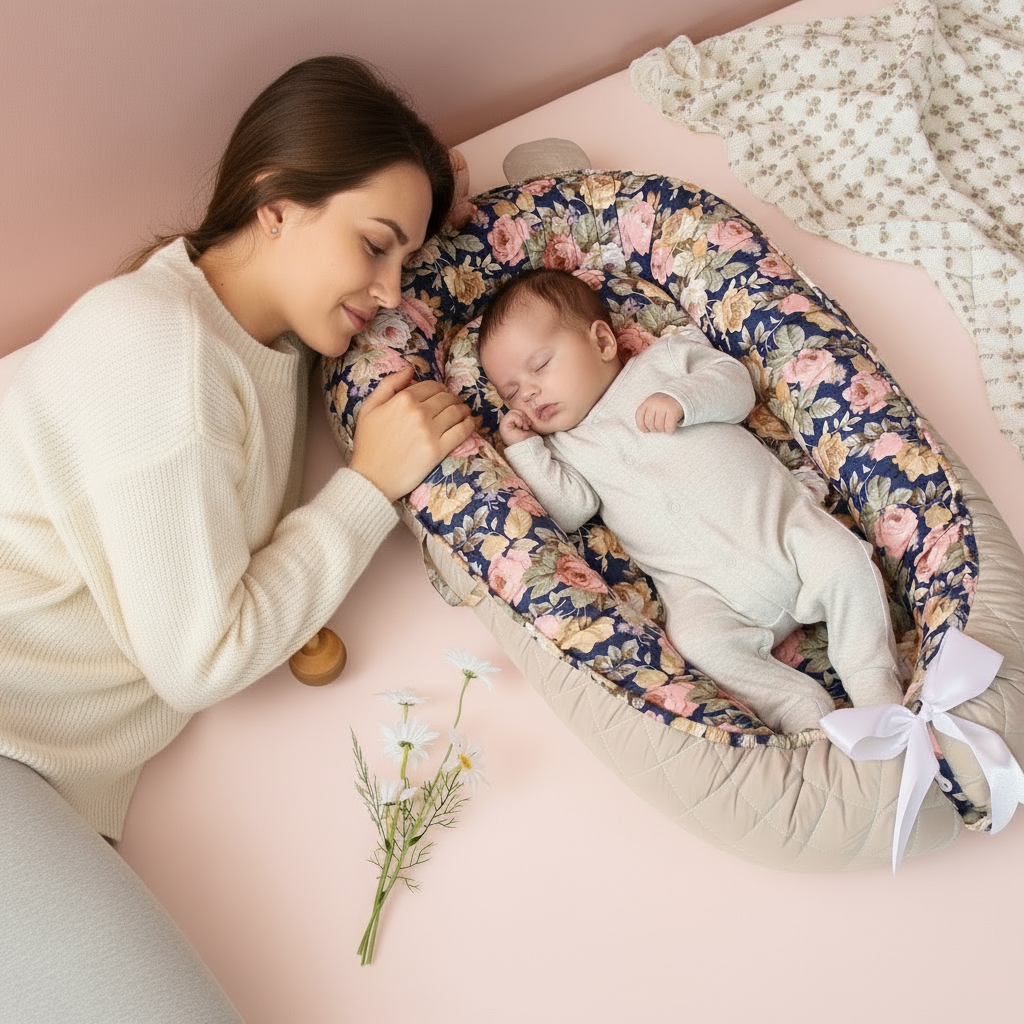 Newborn baby sleeping in a floral baby bouncer on a soft surface.