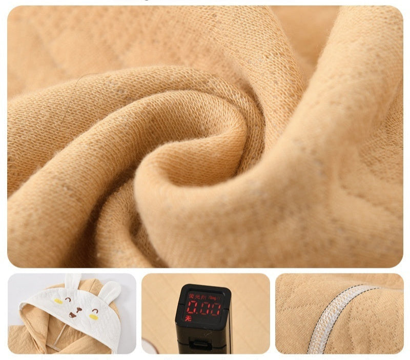 Close-up of beige fabric with additional product features displayed below.