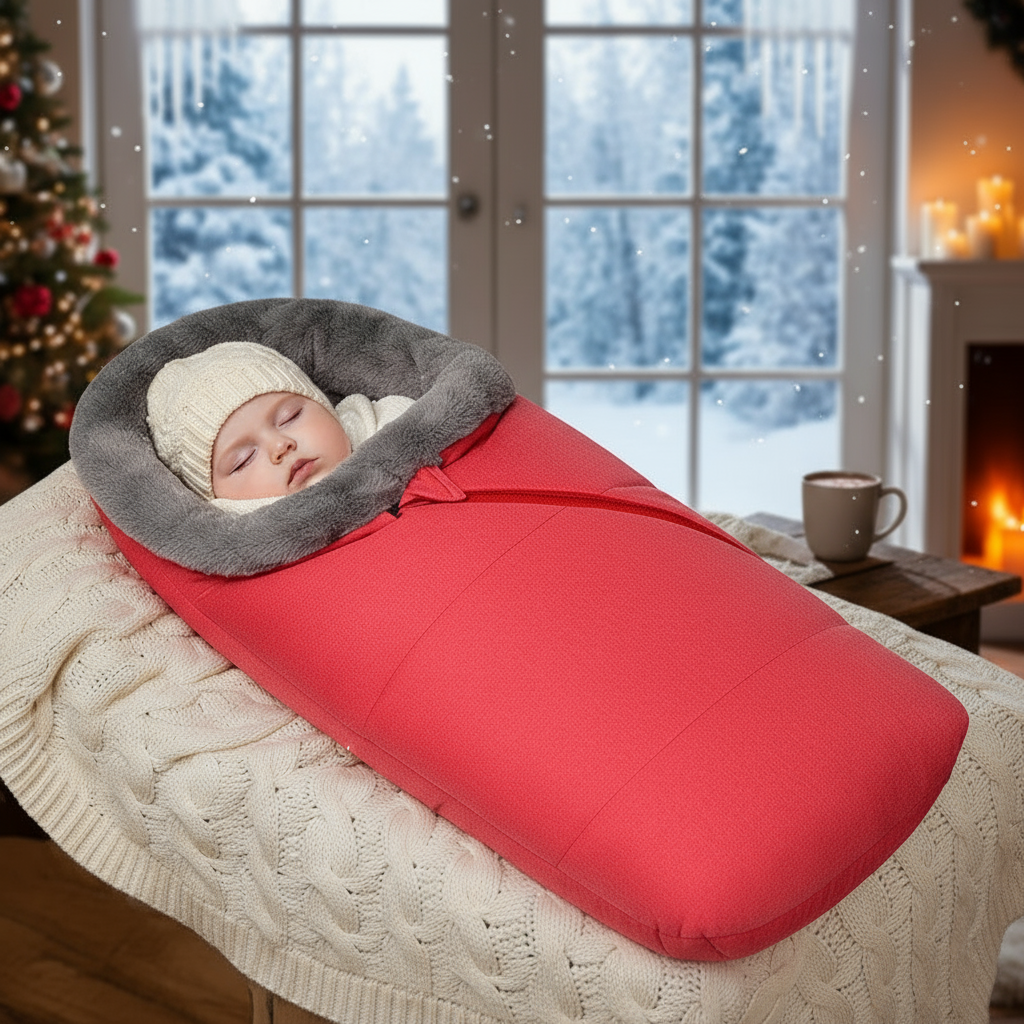 Baby sleeping in a red and gray sleeping bag with a snowy scene outside a window.