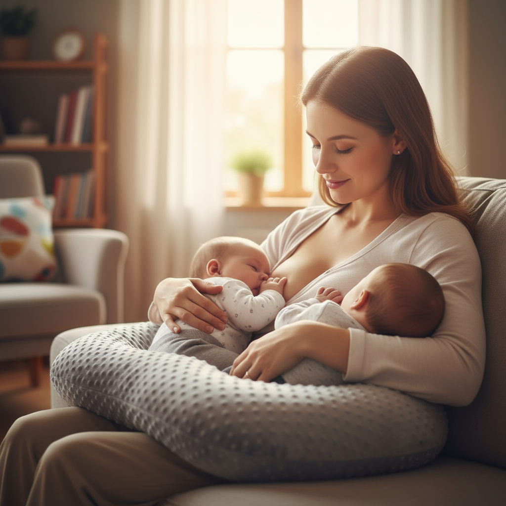 Woman breastfeeding two babies in a cozy living room.