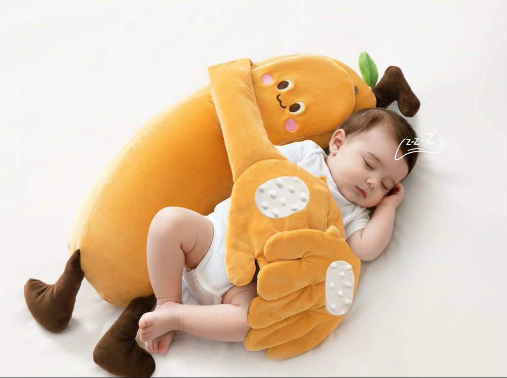 Child sleeping on a plush toy with 'Shiada' branding, featuring 3D sleep soothing upgrade features.