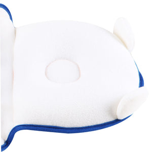 White and blue baby car seat with a circular cutout on a white background
