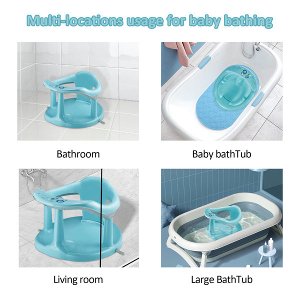 Baby bath seat with multiple usage scenarios including bathroom, baby bathtub, living room, and large bathtub.
