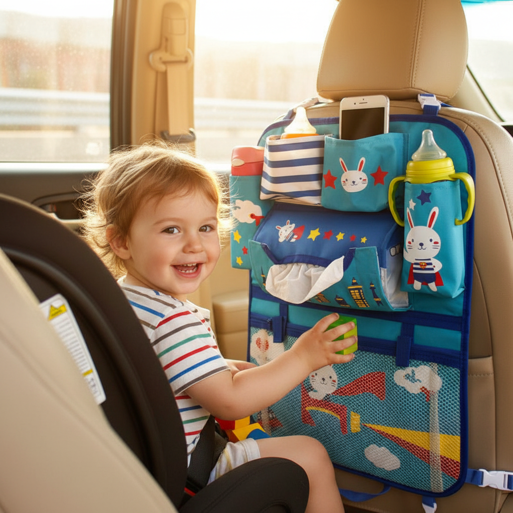 A toddler sits in a car rear seat holding a green cup while a blue and teal baby car seat organizer hangs from the headrest. The organizer has multiple pockets with cartoon rabbit prints, bottles, a tissue dispenser, and storage compartments.