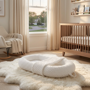 White baby bumper pad on a fluffy rug in a nursery with a crib and window in the background.