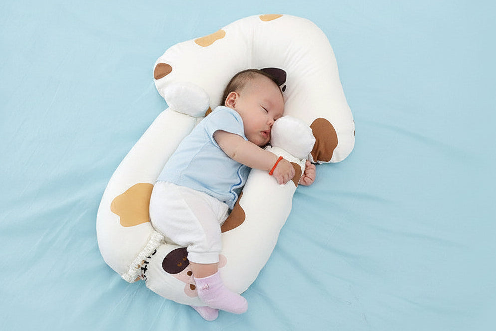 Baby sleeping on a large white dog-shaped pillow with brown accents on a light gray background