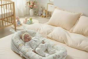 A sleeping newborn baby lies on a soft, zippered baby lounger cushioned in a cream-colored bed with a delicate pink and green floral pattern on the sides.