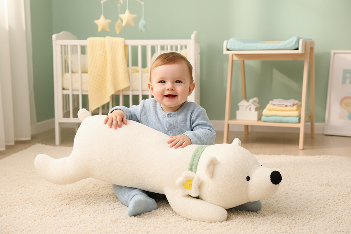 Child playing with a large white teddy bear in a nursery