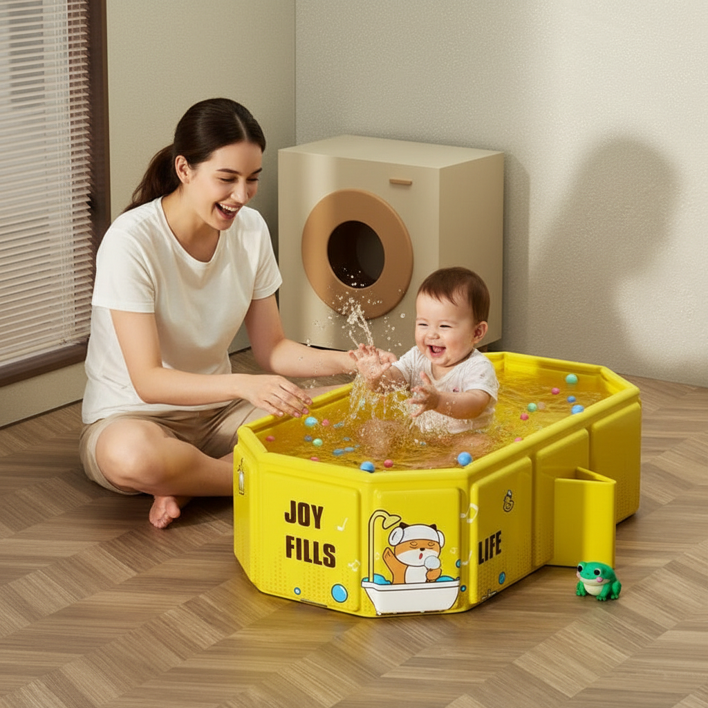 Woman and child playing in a yellow inflatable pool with water and toys.