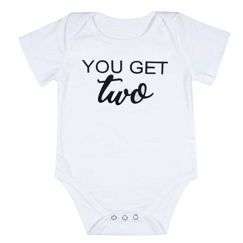 White baby onesie with 'YOU GET TWO' text on a white background