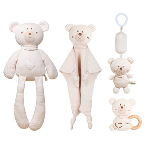 Set of four cream-colored teddy bear toys on a white background