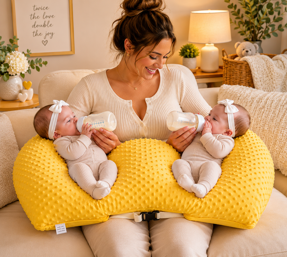 Woman holding two babies with bottles on a yellow pillow in a cozy living room.