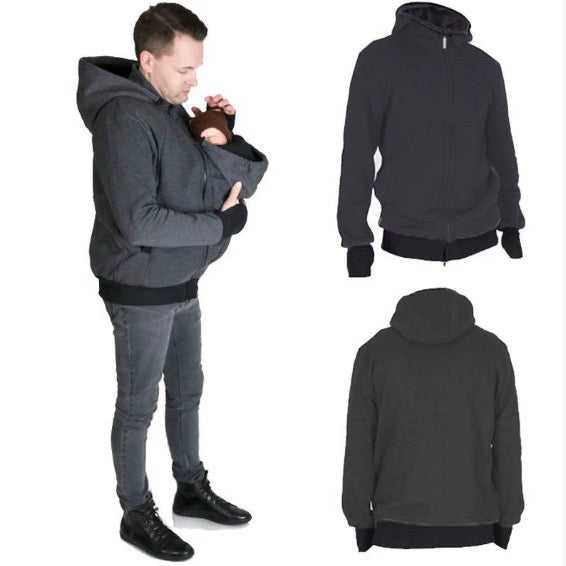 Man wearing a gray hoodie with a baby in a carrier, showing front, back, and side views.