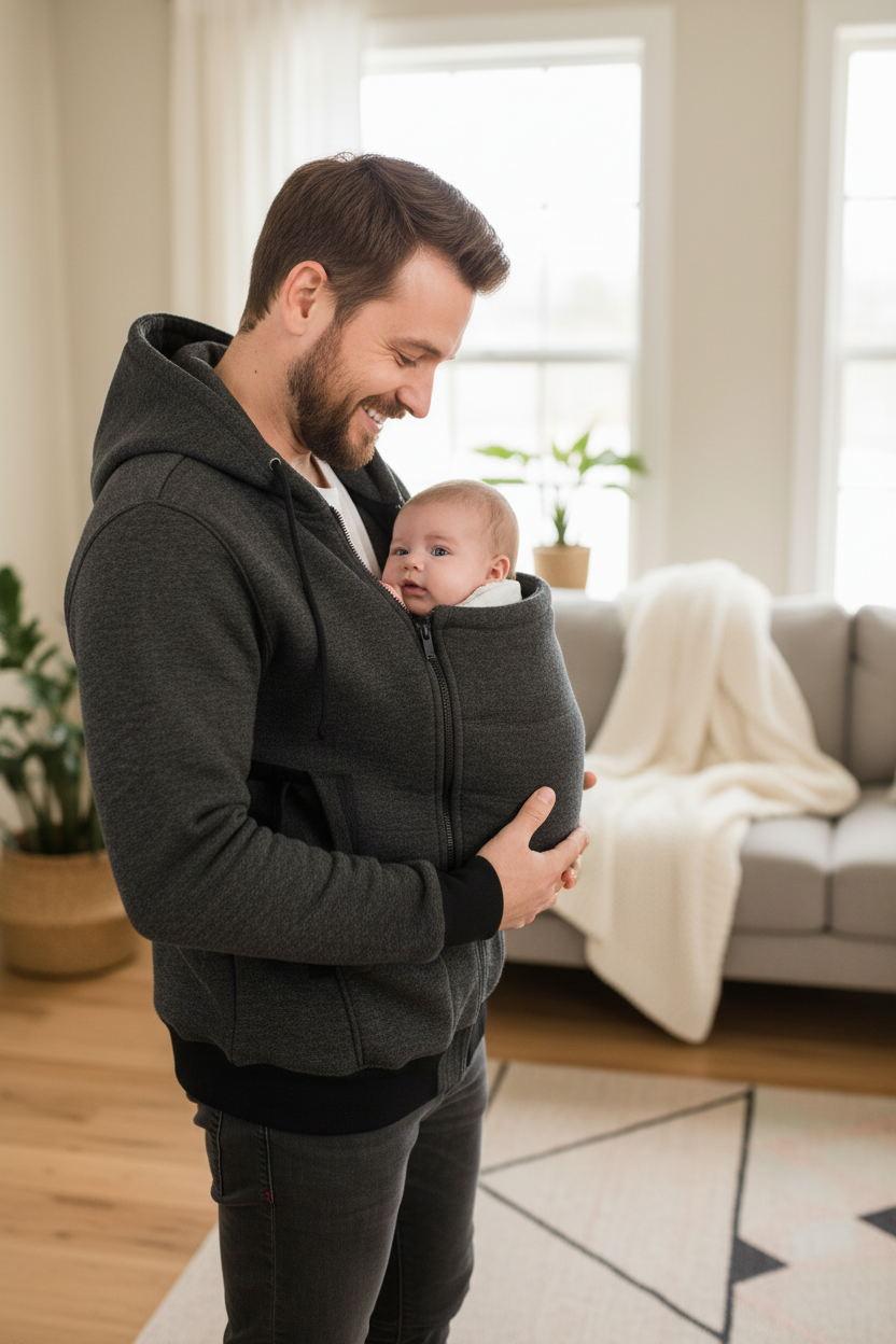 A man wearing a dark gray baby carrier hoodie with a baby inside, standing in a bright, modern living room.