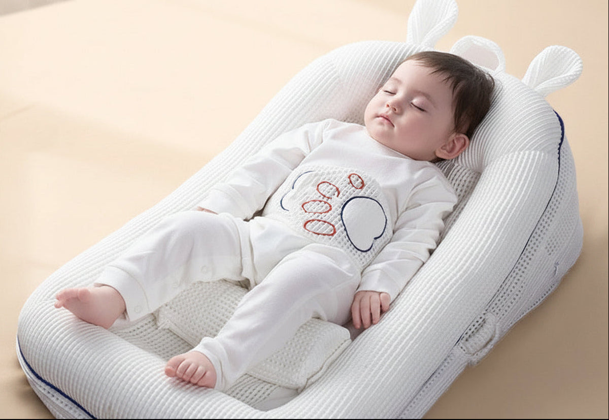 Baby lying on a white crib with text about spit-up prevention and peaceful sleep.