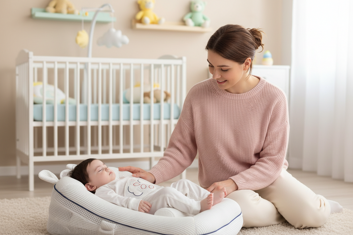 Woman sitting on the floor with a baby in a cushioned seat in a nursery.
