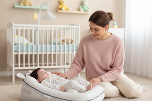Woman sitting on the floor with a baby in a cushioned seat in a nursery.