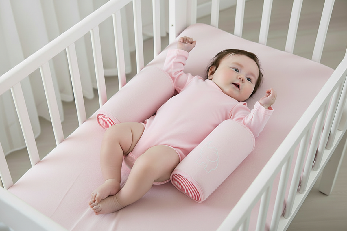 Baby lying on a pink crib bumper pad in a white crib.
