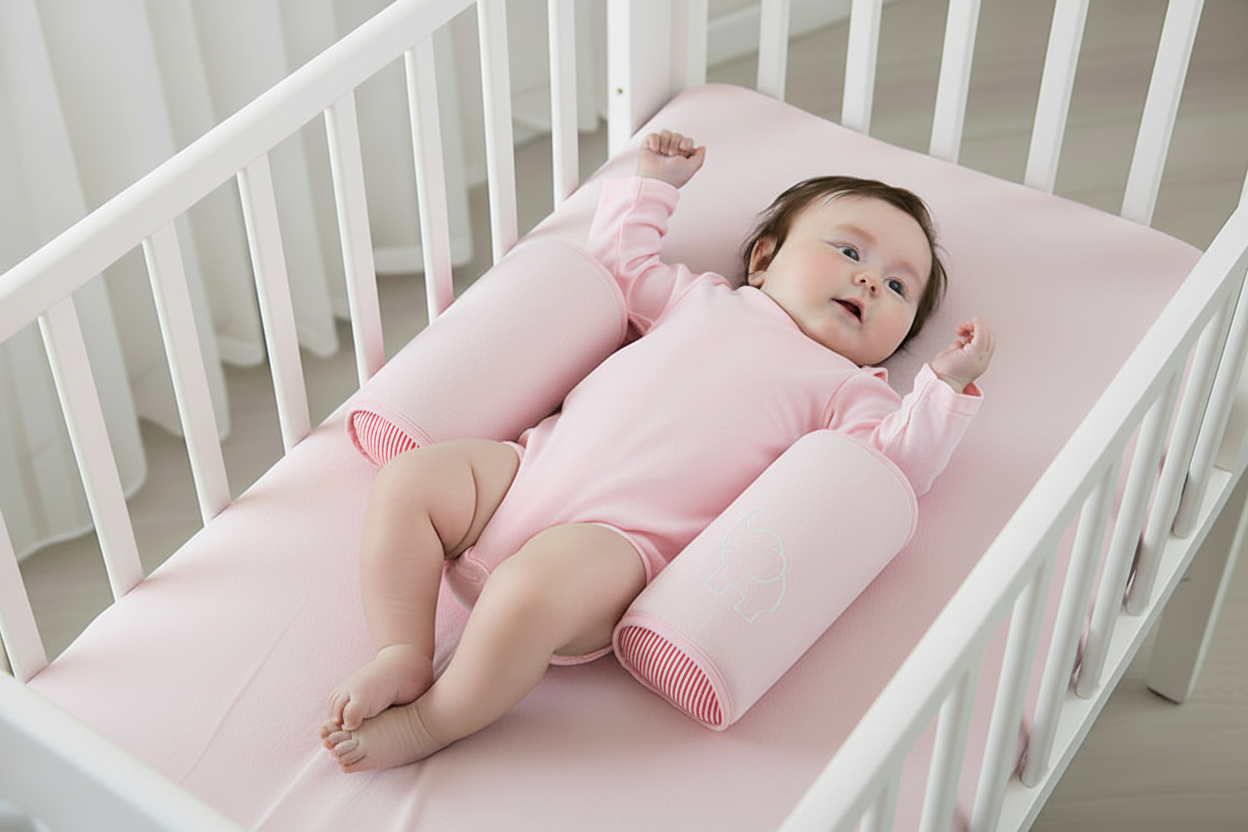 Baby lying on a pink crib bumper pad in a white crib.