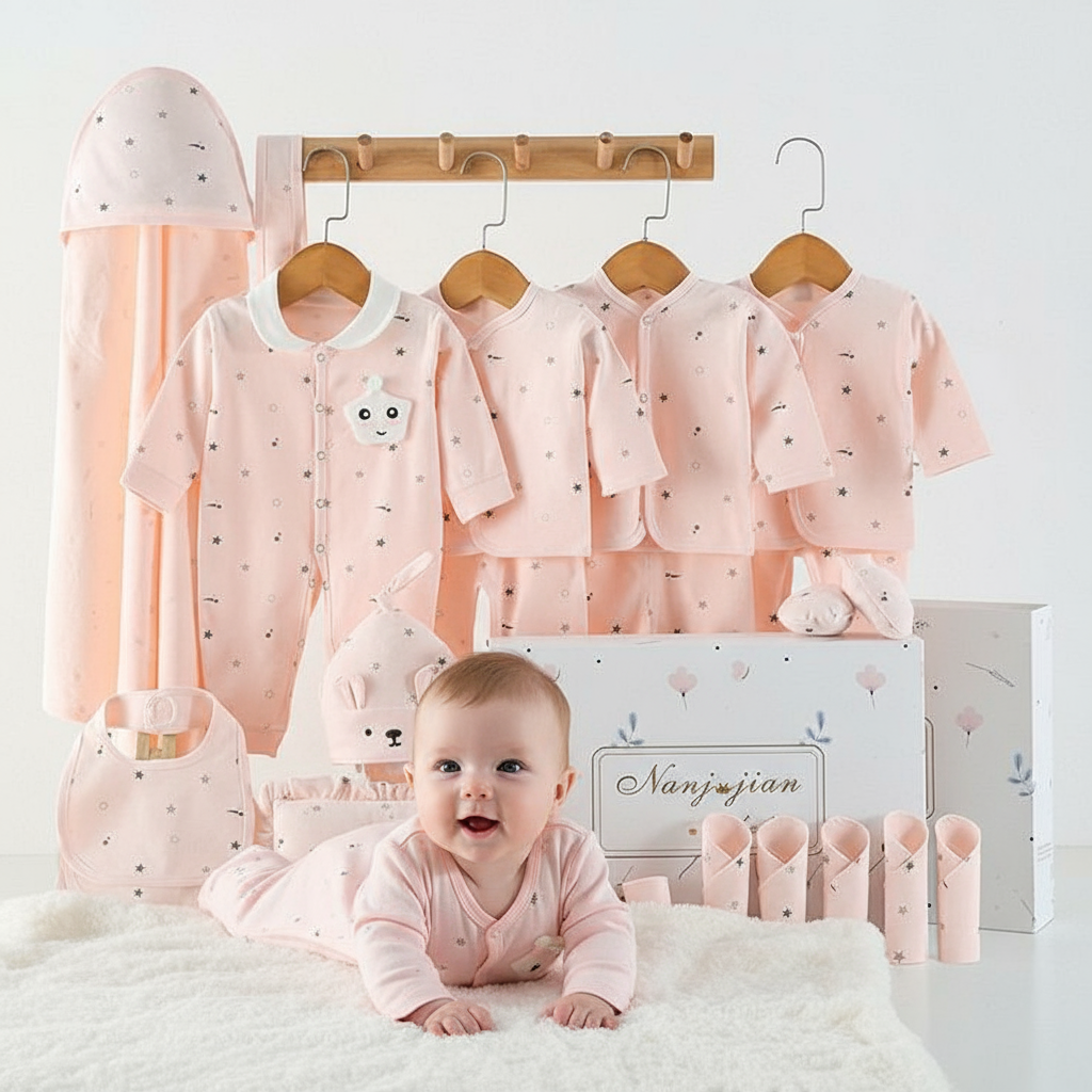Baby in pink outfit with baby clothes and new born gift set in the background