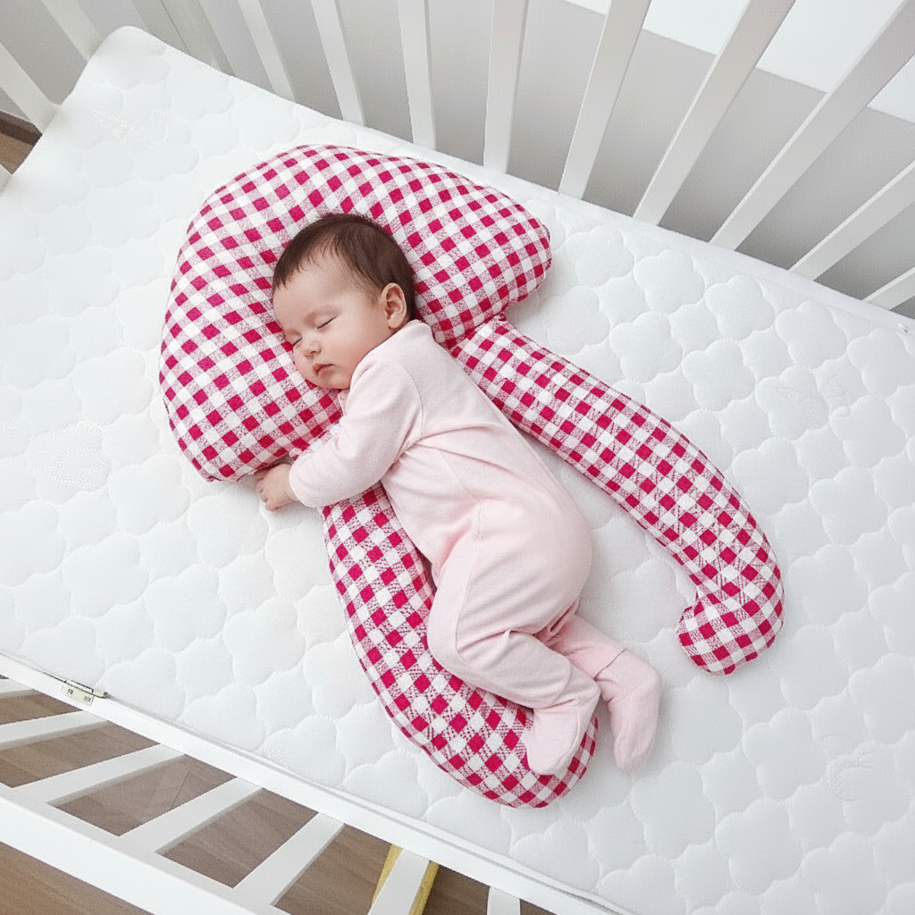 A baby lying on a white, solid patterned sleep pillow designed for infants.
