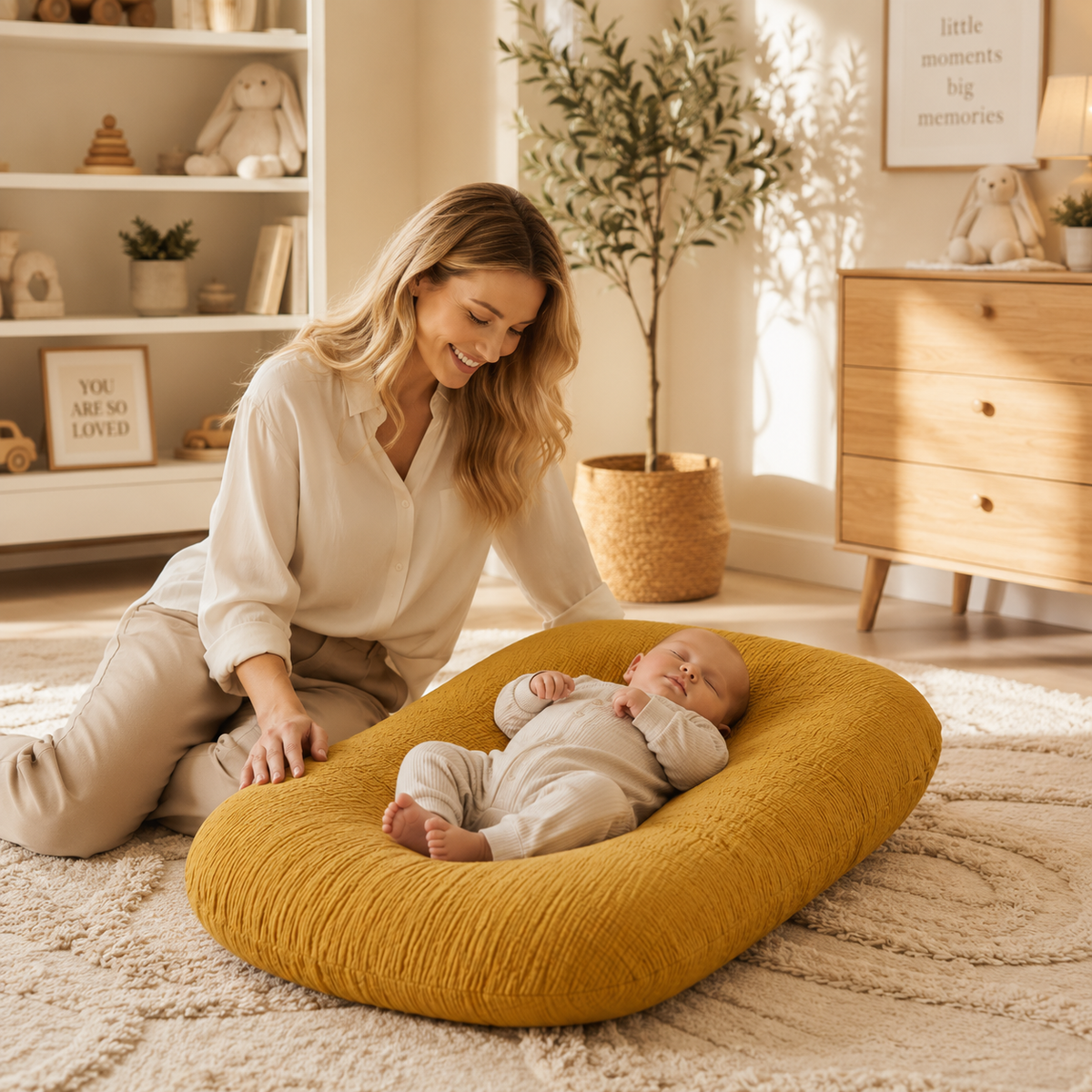 Woman sitting on the floor with a baby lying on a yellow cushion in a cozy room.