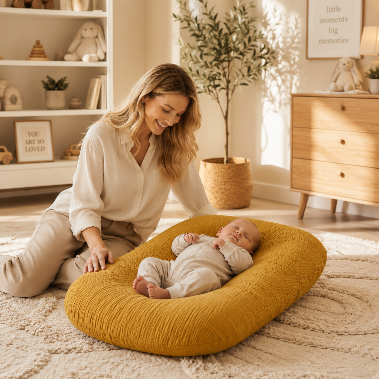 Woman sitting on the floor with a baby lying on a yellow cushion in a cozy room.