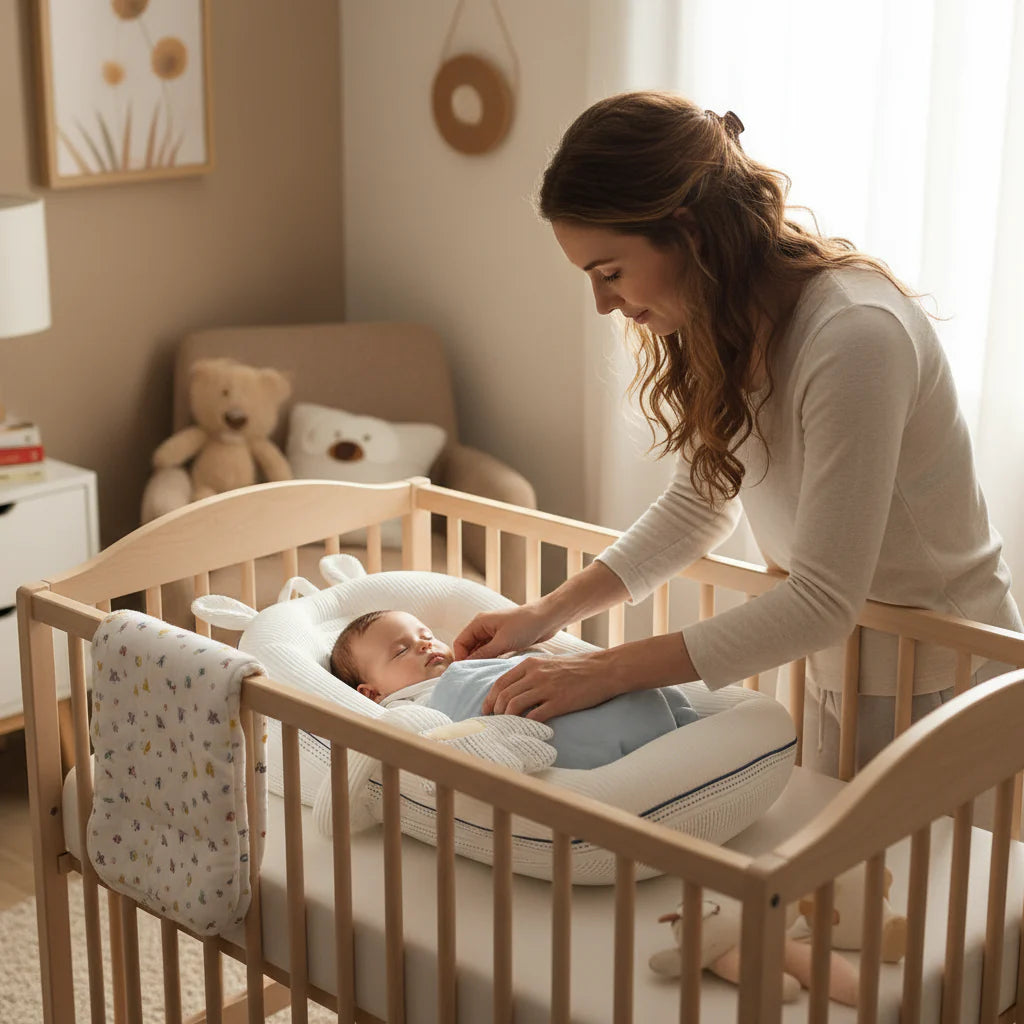 Woman tending to a baby in a crib in a cozy nursery.