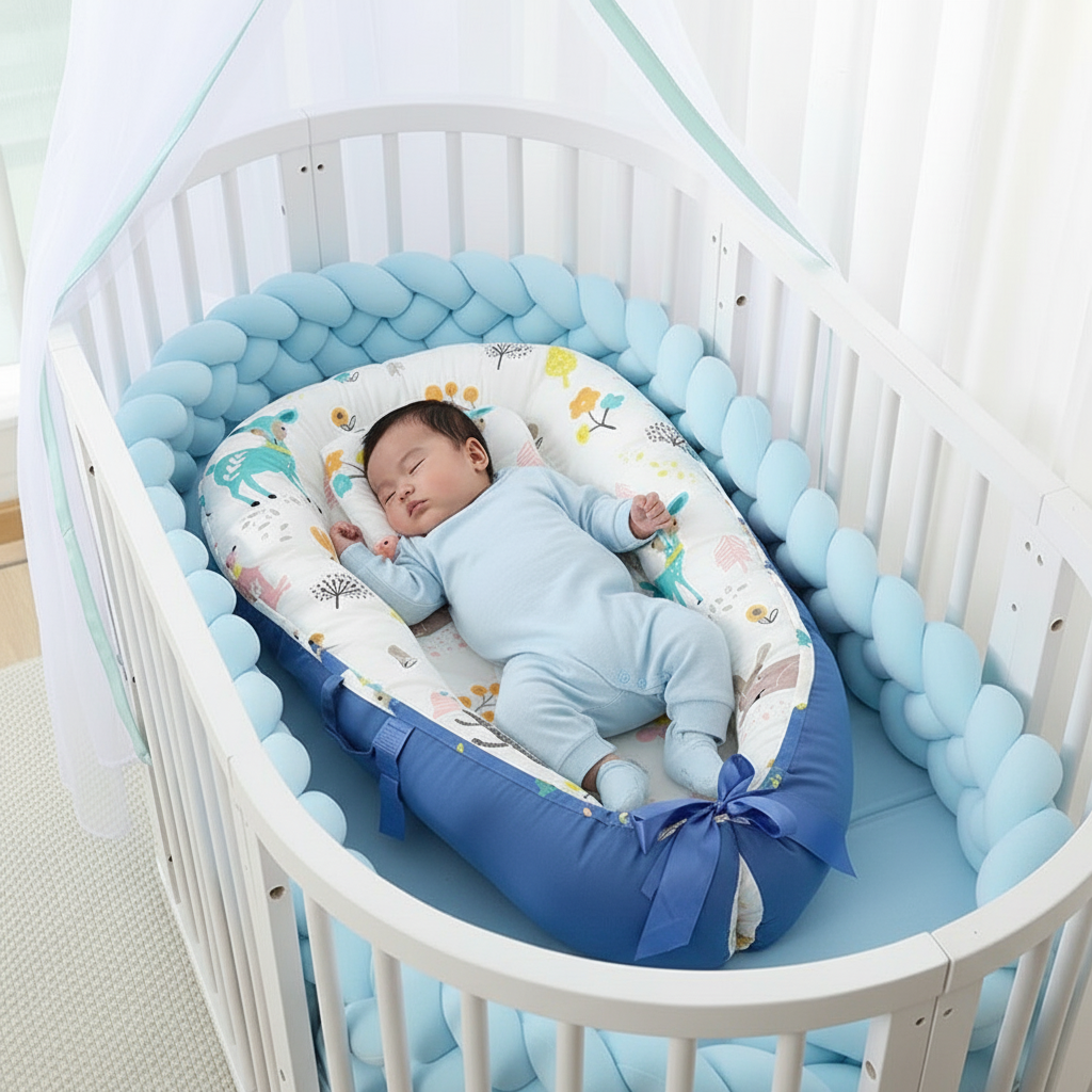 Baby sleeping in a crib with blue and white bedding